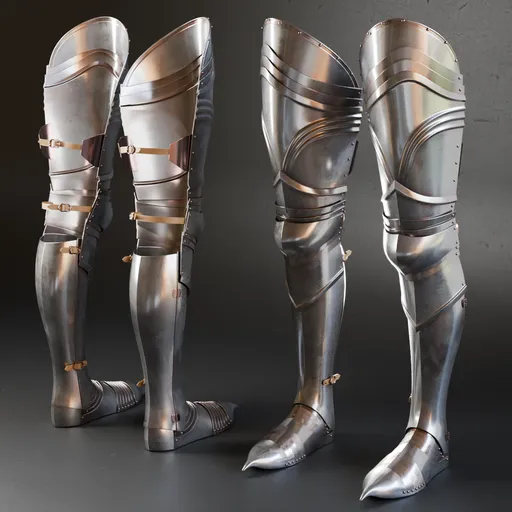 Detailed medieval greaves 3D model, Blender compatible, reflective metal texture, craftsmanship showcase.