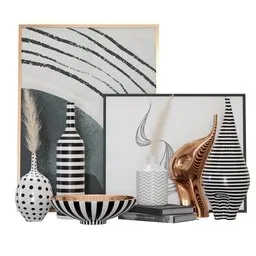 "3D model of sleek black and white vases and a bowl on a shelf, inspired by Hans Erni and Johan Lundbye, displayed in a living room setting. This Blender 3D accessory features stripes, feathers, and a pop-art aesthetic, creating a sumptuous and artistic atmosphere."