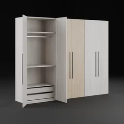Detailed Blender 3D model of an open MDF wardrobe with shelves and drawers.