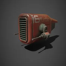 "Spacecraft 3D model for Blender 3D: A close-up view of a realistic space robot with red radio and black background. Inspired by Odd Nerdrum and featuring tubes, gauges, turbo, and characters from Machinarium, this model showcases an abandoned vehicle with engine and sharp nose. The texture adds a touch of science fiction and realism. Find this high-quality 3D model on BlenderKit."