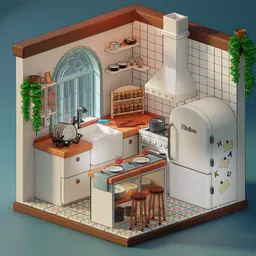 Isometric Kitchen Scene Cartoon