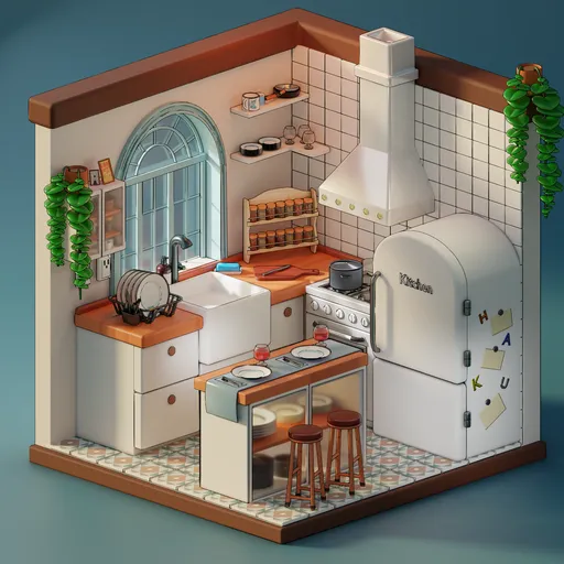 Isometric Kitchen Scene Cartoon