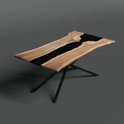 "Rivertable Demeter: a non-binary, wooden table with a black, polished top and sleek lines. Inspired by Friedrich Traffelet, this 3D model features obsidian metal and model trees, perfect for interior renders in Blender 3D. Check out the creator's website or Instagram to see the real-life version."