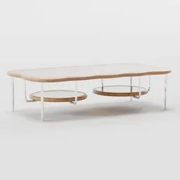 Detailed rendering of a modern 3D double-layered glass and wood coffee table designed for Blender.