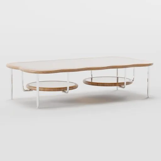 Detailed rendering of a modern 3D double-layered glass and wood coffee table designed for Blender.