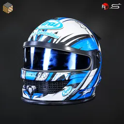 Detailed 3D model of a blue and white racing helmet, game-ready, with 4K textures, available for Blender.