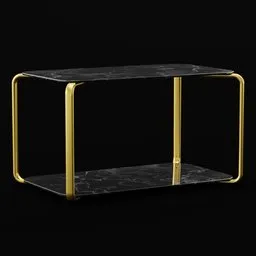 Blender 3D-rendered modern coffee table with marble texture and gold frame, isolated on black.