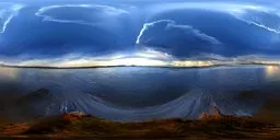 Dynamic HDR panorama of a serene water landscape with dramatic clouds ideal for scene lighting.