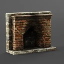 Realistic brick 3D fireplace model for Blender, detailed texturing, suitable for interior design visualization.