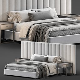 "Get the Bed Modena by Restoration Hardware 3D model, inspired by Francesco Furini, in Blender format with realistic gunmetal grey textures. This detailed bed model features a headboard and nightstand, with a panoramic anamorphic view and dynamic layout. Perfect for your next interior design project."