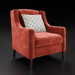 High-quality Blender 3D velvet armchair model with a customizable color, including a decorative polka dot pillow.