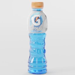 "Blue Bolt Gatorade 600ml Blender 3D model; realistic and physically-based render of a Gatorade water bottle with a wooden cap in blue colors; highly detailed and exploitable image for drink category."