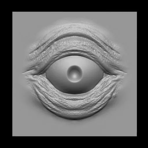3D sculpting brush imprint creating a detailed monster eye effect for creature modeling in Blender.