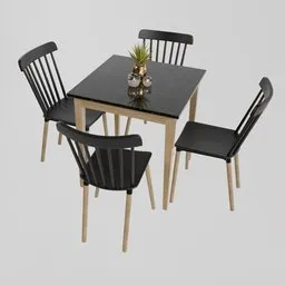 Realistic Blender 3D model of a black and wooden dining table set with chairs for interior design.