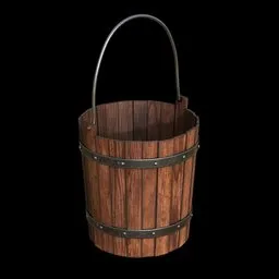 Realistic wooden bucket 3D model with metal bands, created in Blender, suitable for game assets and renderings.