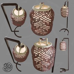 "Hanging lantern with Sayagata pattern, inspired by Katsukawa Shunkō I and popular in Asia. This 3D model is perfect for your Blender 3D projects. Available in brown cobblestone texture."