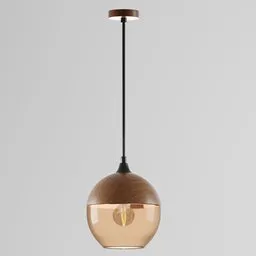 3D-rendered modern pendant light with wood finish and reflective glass for Blender visualization.