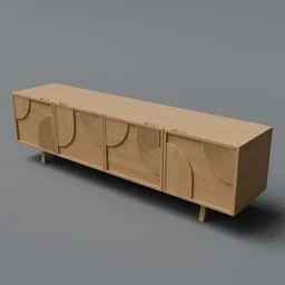 Detailed wooden 3D model of a modern TV cabinet with textures, rendered in Blender.