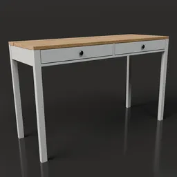 Modern white 3D Blender model of an office desk with wooden tabletop and drawers.