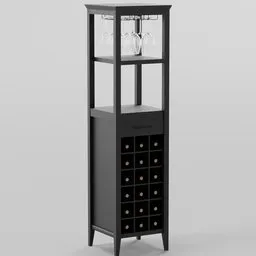 "Black Wine Tower Cabinet with Glass Holder - Elegant and Desirable Bookcase for Blender 3D. Standing tall and with a sleek, thin build, this Umami-inspired furniture piece features a large chest and showcases a close-up of a wine rack. Ideal for adding a touch of sophistication to your 3D scenes."