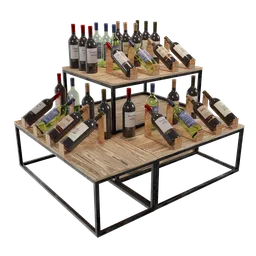 "Enhance your restaurant or bar scene with a stunning Wine Gondola 3D model, created in Blender 3D. Display your wine collection with style on a wooden table adorned with racks and a pyramid-shaped vine. Inspired by Carlos Saenz de Tejada, this product is sure to impress your customers. "