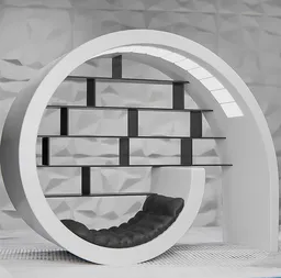 Sleek circular 3D model shelving with integrated lounge chair, designed for modern interiors, compatible with Blender 3D.