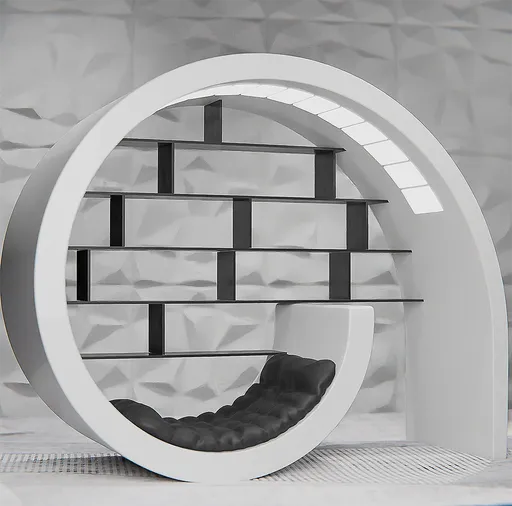 Sleek circular 3D model shelving with integrated lounge chair, designed for modern interiors, compatible with Blender 3D.