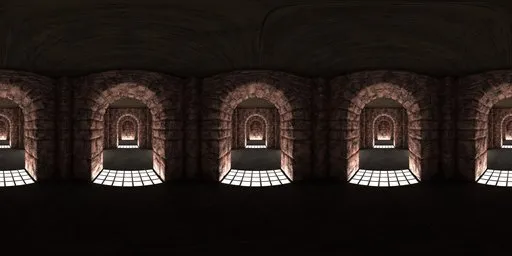360-degree atmospheric lighting from an industrial-style crypt for 3D scene rendering.