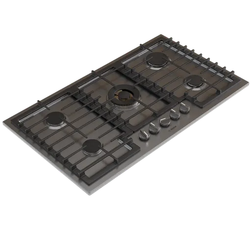 Highly detailed 3D model of a modern stainless steel gas cooktop with burners and knobs, rendered in Blender Cycles.