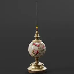 "Vintage Oil Lamp 3D model for Blender 3D - A beautifully designed table lamp with intricate floral patterns, inspired by Ottoman Empire's gas lighting. This high-quality model comes with PBR textures and is ideal for home decor and historical scenes. Created by Monsta3D, this lamp adds a touch of 18th-century elegance to your virtual environment."