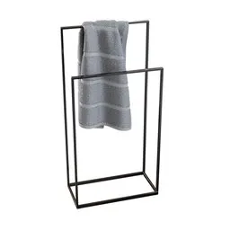 "Black metallic towel rack for bathroom decoration, 3D model for Blender 3D software. Features clean lines and low details, includes a towel hanging on the rack. Perfect for adding a modern touch to your interior design projects."