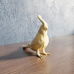 Geometric cockatiel 3D model on wooden surface, rendered in Blender, suitable for 3D printing and animation.