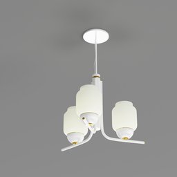 "White blown glass chandelier with three lights, Eloa Starglow design. Monochrome 3D model with detailed body shape and spinning whirlwind. Perfect for Blender 3D ceiling light projects."