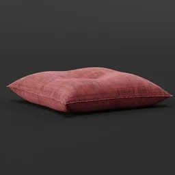 "Red hard cushion 3D model for stage decoration in Blender 3D software. Plush furnishings with a brown and magenta color scheme. Detailed with depth blur and floating particles."