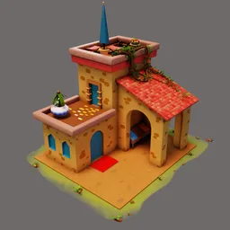 "Stylized cartoon Home in Blender 3D: A brightly colored house with a tower and unique roof texture suitable for motion graphics and video games. This 3D model features a 4096 * 4096 size texture with normal, brightness, roughness, and metal components. Perfect for adding charm to your artistic projects."