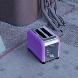 Realistic Blender 3D model of a metal toaster with a purple casing, suitable for kitchen renderings.