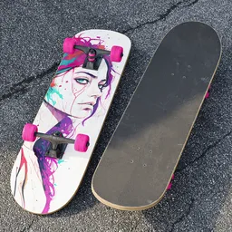 "Realistic skateboard model with 2k textures, divided into eight parts for Blender 3D. Features bold and simple shapes, with a painted face and beautiful sinister details. Perfect for extreme sports and non-binary enthusiasts."