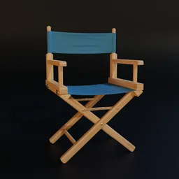 Detailed 3D render of a classic wooden director's chair with blue canvas, designed in Blender.
