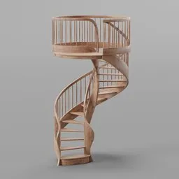 "A stunning 3D model of a Rosewood spiral staircase with 270-degree turn, 15 steps, and a width of 80 cm. This Blender 3D model features a handrail on the upper floor and a diameter of 205 cm with a height of 303 cm on the upper floor."