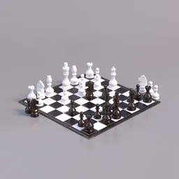 Detailed 3D chess set rendering in Blender, showcasing intricate chess pieces on a checkered board for game model designs.