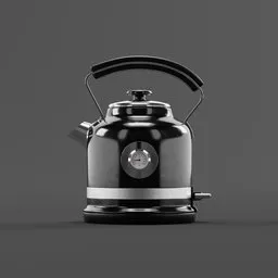 "Black electric kettle on gray surface, inspired by Frederick Hammersley and Guan Daosheng. This detailed and retro kitchen appliance rendering in Blender 3D features a separate moveable top part and rising steam, perfect for 3D model enthusiasts and Blender users."