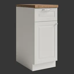 Detailed white kitchen cabinet 3D model with wooden countertop, designed for Blender rendering.