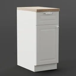 Detailed white kitchen cabinet 3D model with wooden countertop, designed for Blender rendering.