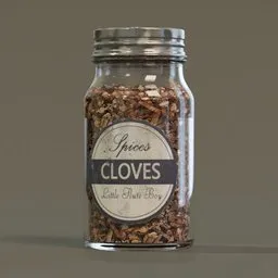 Realistic 3D glass jar filled with model cloves, crafted in Blender with detailed 2K textures for 3D rendering.