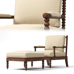 "Spool Chair with Ottoman 3D Model - Classic Armchair for Interior Visualizations, inspired by Adélaïde Victoire Hall and Charles Willson Peale, designed by Hickory Chair. High-detail render in Blender 3D, reminiscent of 18th-century South American colonial style. Perfect for realistic 3D interior design projects."