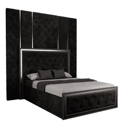 Luxurious black upholstered capitone bed model with intricate detailing for 3D rendering and Blender projects, showcasing elegance and comfort.