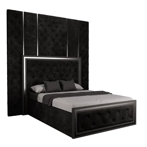 Luxurious black upholstered capitone bed model with intricate detailing for 3D rendering and Blender projects, showcasing elegance and comfort.