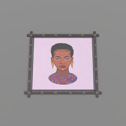 "Warrior woman with Afro hair 3D model for Blender 3D. Ideal for wall decoration with wooden frame. Features African iconography, voxels, and Fortnite art style."