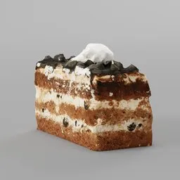 "Highly detailed Blender 3D model of a layered chocolate pastry with white icing, optimized for photorealistic rendering."