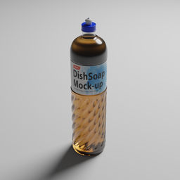 "Realistic 3D model of a plastic dish soap bottle with blue cap by BlenderKit. Perfect for mockups and game interfaces. Available for Blender 3D software."